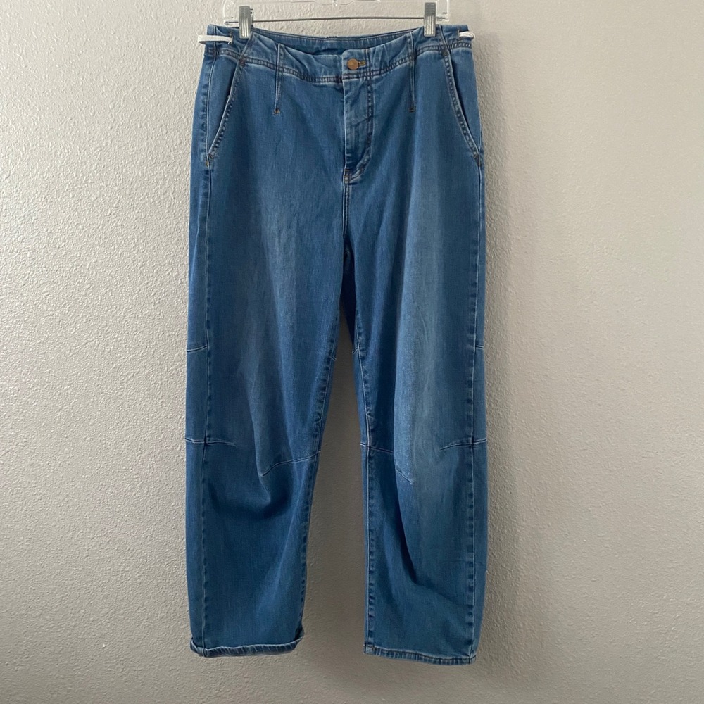 Pilco by Anthropolgie The Leni Mid Rise Tapered Barrel Jeans Blue Denim 34 in